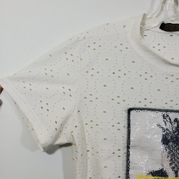 JEITO D'VESTIR eyelet short sleeve shirt with sequin girl with pineapple… - Picture 2 of 10